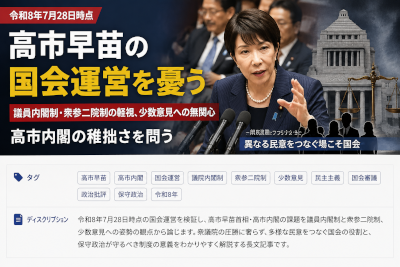 高市早苗首相の国会運営を憂う～衆議院の圧勝は、参議院と少数意見を軽視する免許ではない