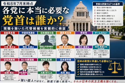 令和8年7月末時点で考える「各党に本当に必要な党首」とは誰か～現職を除いた代替候補と、党首交代が不要な政党を客観的に検証する